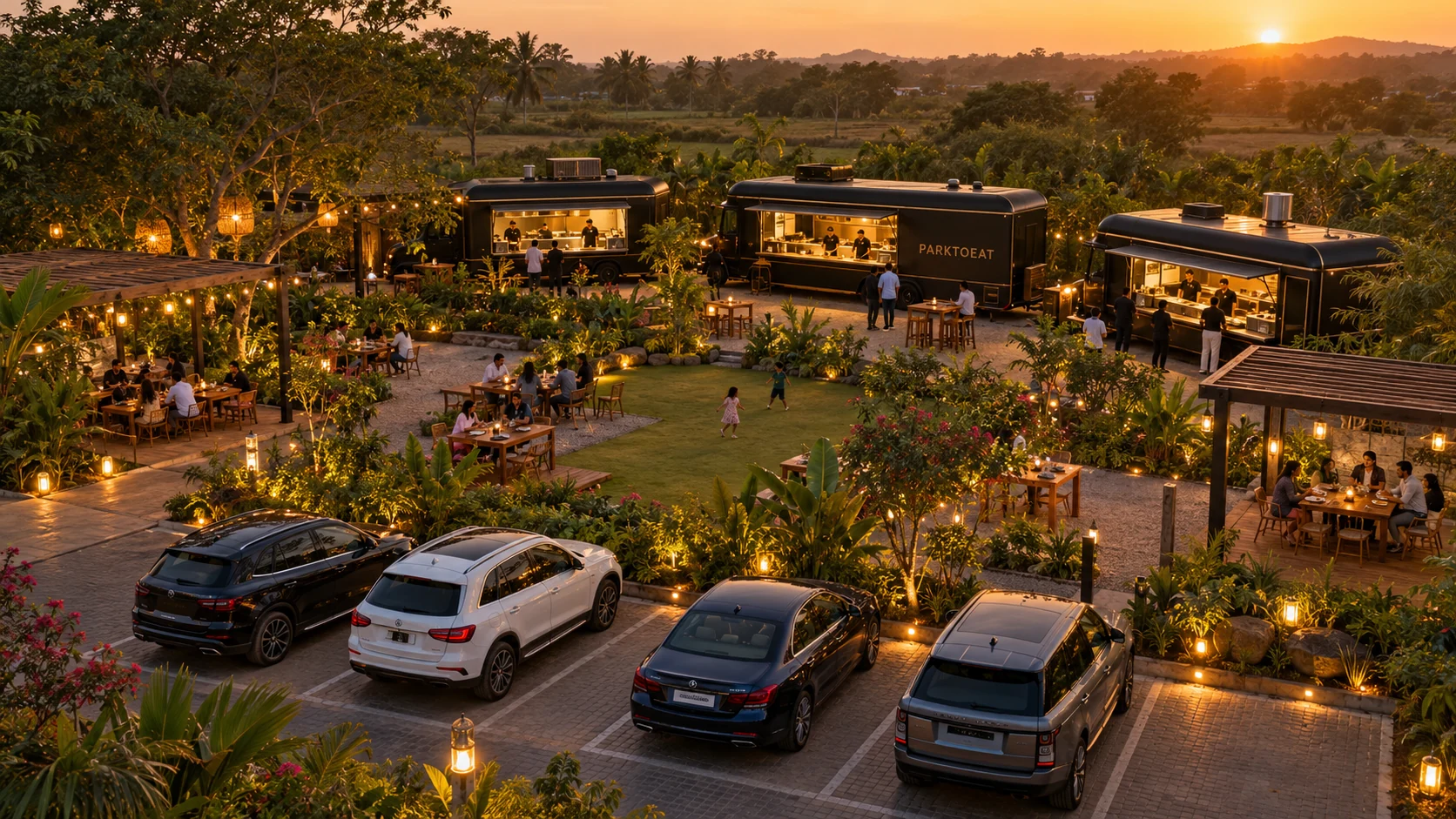 AI concept of the landscaped PARKTOEAT food park at sunset