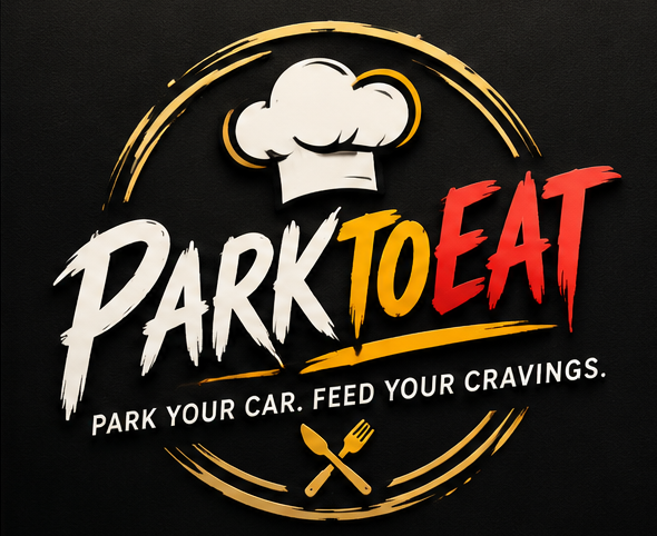 PARKTOEAT Bold Chef logo: a white chef’s hat, white PARK, yellow TO and red EAT lettering, a gold circular brushstroke and crossed cutlery on black.