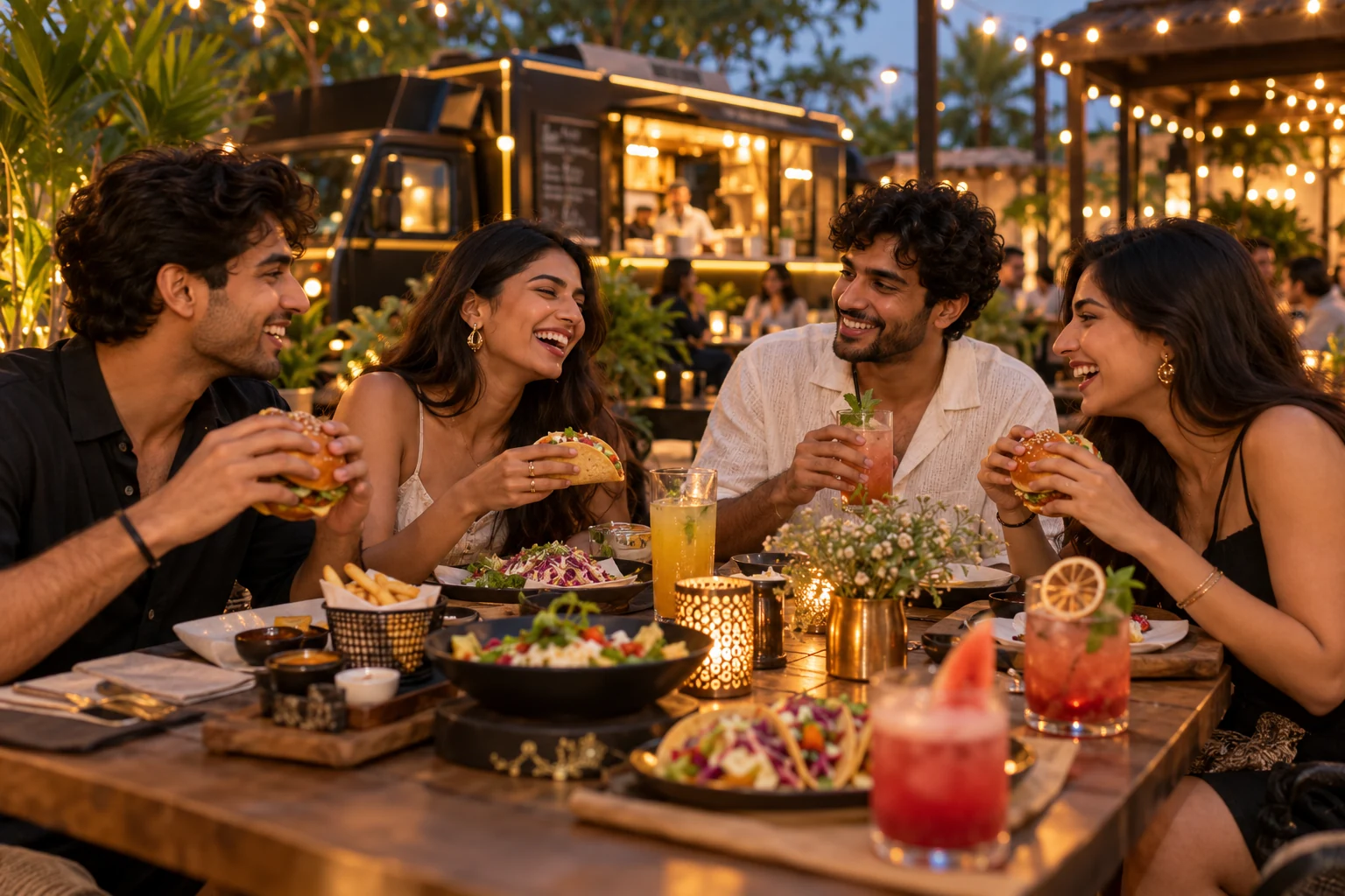 AI concept of friends enjoying food at an outdoor table under golden string lights