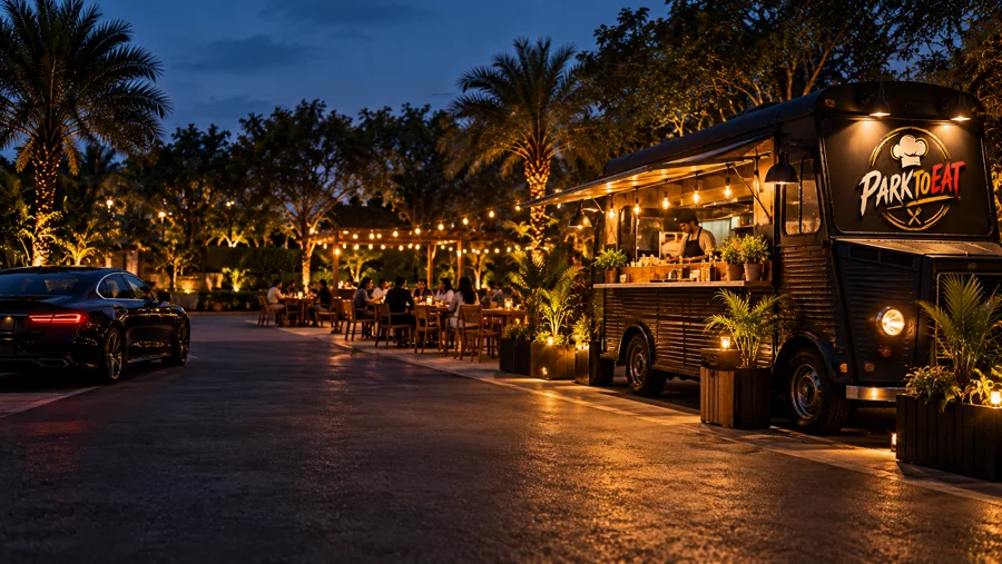 AI concept of a chef working in a warm gold-lit PARKTOEAT food truck