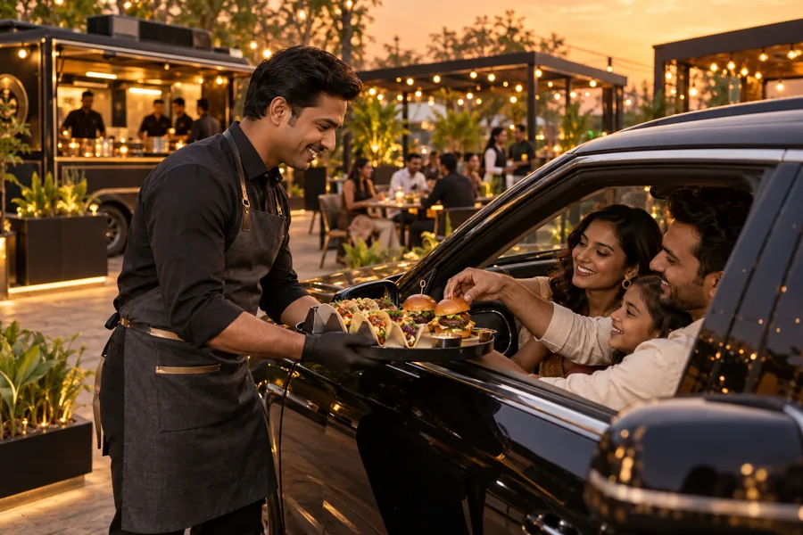 AI concept of a waiter delivering a tray of food to a family in a parked vehicle